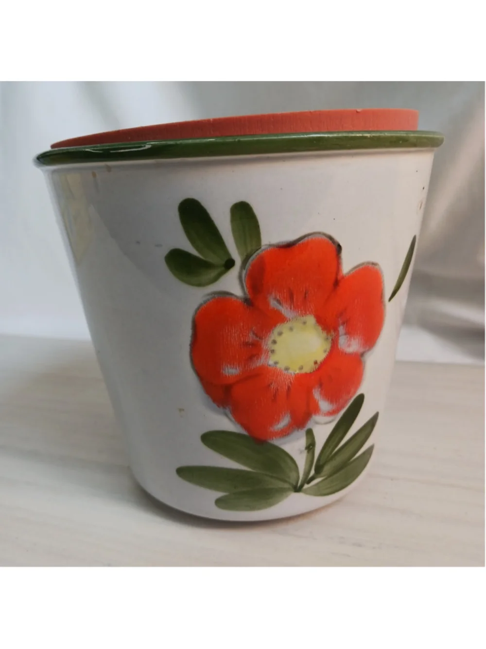 VTG Hand-painted 1970s Floral Orange Flower Pot Planter 4.5